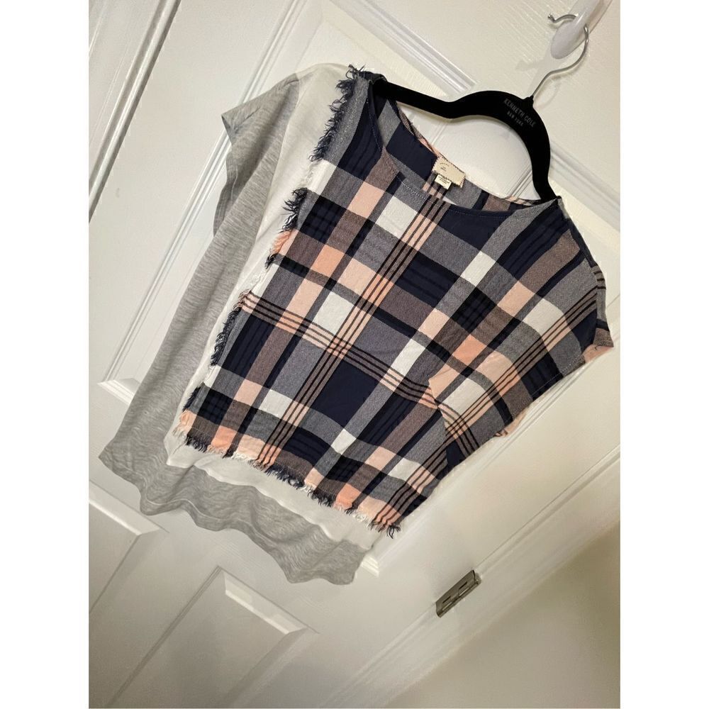 POSTMARK Anthropologie Multi-Color Mixed Fabric Plaid Jersey Shirt Womens sz sma